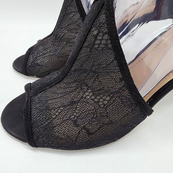 BCBG Black Mesh Floral Lace Stiletto Heels Size 11 Ankle Strap Open Toe Wedding - Picture 4 of 13